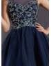 Navy Blue Tulle Beaded Slit Back Knee Length Prom Dress